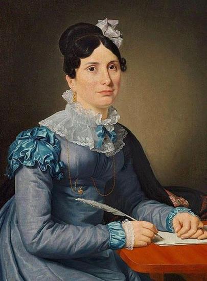 Christoffer Wilhelm Eckersberg Portrat af Sarah Wolff f. Cruttendon siddende i bla kjole, skrivende et brev France oil painting art